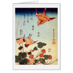 ヘビイチゴに小鳥, 北斎 Bird and Mock Strawberry, Hokusai Greeting Cards