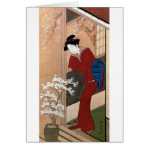 桜の花と女, 春章 Cherry Blossoms and a Woman, Shunsho Card
