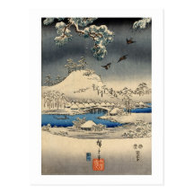 雪景色に雀, 広重 Sparrows in Snow Landscape, Hiroshige Post Card