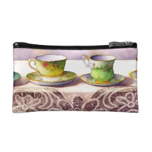 0001 Row of Teacups on Lace Cosmetic Bags