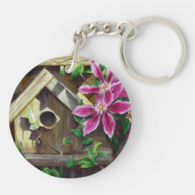 0003 Birdhouse & Clematis Keychain Round Acrylic Keychain