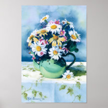 0006 Daisies in Green Teapot Art Print