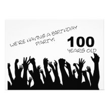 100th party invitation with cheering crowds