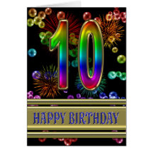 10th Birthday with rainbow bubbles and fireworks Card