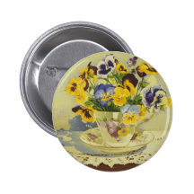 1187 Pansies in Teacup Pinback Buttons