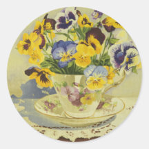 1187 Pansies in Teacup Round Sticker