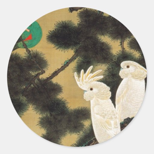 12. 老松鸚鵡図, 若冲 Pine-tree & Parrot, Jakuchū Round Sticker