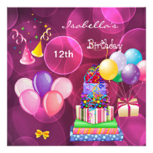 12th 13th Birthday Party Pink Balloons Gifts Girl Custom Invites