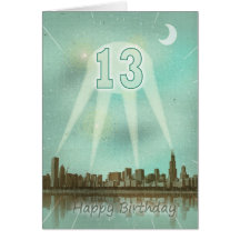 13th Birthday card with a city and spotlights