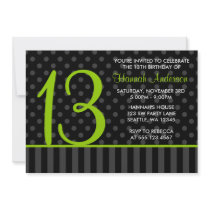 13th Birthday Lime Green Black Polka Dot Stripes Announcements