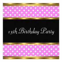 13th Birthday Party Gold Pink Polka dots Announcement