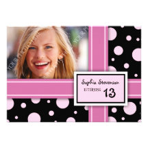13th Birthday Party Invitation Pink Black Dots