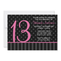 13th Birthday Pink and Black Polka Dot Stripes Invitations