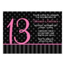 13th Birthday Pink and Black Polka Dot Stripes Invitations