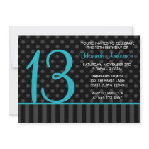 13th Birthday Teal Blue Black Polka Dot Stripes Personalized Invitation