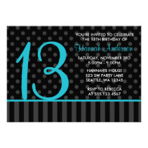 13th Birthday Teal Blue Black Polka Dot Stripes Personalized Invitation