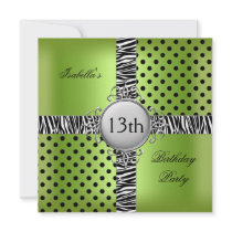 13th Teen Birthday Party Lime Green Black Zebra Custom Invites