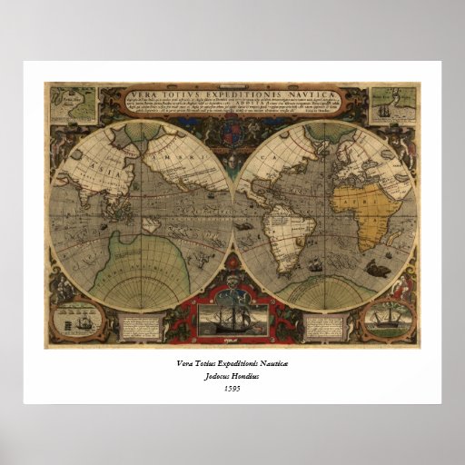 1595 Vintage World Map by Jodocus Hondius Posters