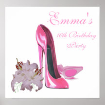 16th Birthday Party Poster with Pink Stiletto Shoe