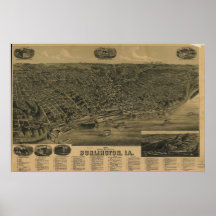 1889 Burlington, IA Birds Eye View Panoramic Map Poster