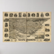 1893 Tacoma, WA Birds Eye View Panoramic Map Print