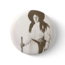 1910 Photo Portrait of a Cowgirl Holding a Rifle Pinback Button