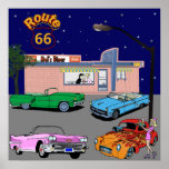 1950s Diner Route 66 and Vintage Cars Print
