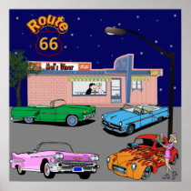1950s Diner Route 66 and Vintage Cars Print