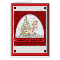 1950's pin up girl in snow globe christmas card