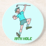 19th hole funny golfer guy blue green background drink coaster