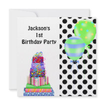 1st Birthday Cake Balloons Presents Black  White Custom Invitation