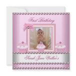 1st Birthday Girl Pink Cupcakes White Pearl Baby Personalized Announcements
