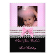 1st Birthday Girl Pink White Pearl Photo First 2 Announcements