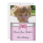 1st Birthday Girl Pink White Pearl Photo First Custom Invitations