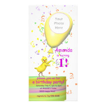 1st Birthday Party Chicken Invite Yellow Balloon Custom Photo Card