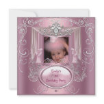 1st First Birthday Party Girl Pink Silver Star Custom Announcement
