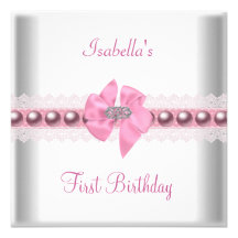 1st First Birthday Party Pretty Pink Bow Custom Announcement
