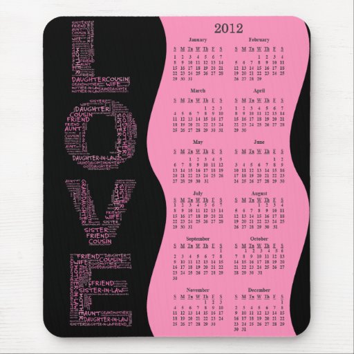 2012 Year for Love Yearly Calendar Mouse Pad
