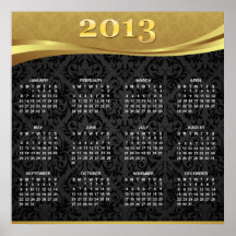 2013 Calendar with Gold Luxury & Black Damask Poster