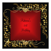 21st Birthday Party Black Bright Deep Red Gold Announcements