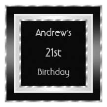 21st Birthday Party Elegant Black white Silver Men Invite