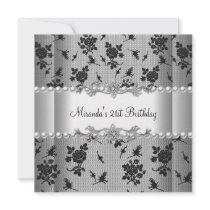 21st Birthday Party White Pearl Black Lace Personalized Announcements