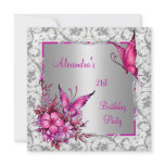 21st Birthday Pink Floral Butterfly Silver White Custom Invite