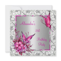 21st Birthday Pink Floral Butterfly Silver White Custom Invite