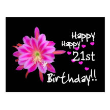 21st Birthday - Pink Tropical Flower and Hearts Post Card