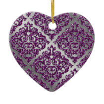 25th Anniversary Purple Sparkle Silver Damask Ornaments