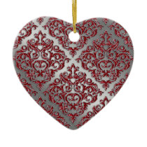 25th Anniversary Xmas Red Sparkle Silver Damask Ornament