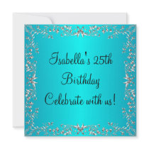 25th Birthday Turquoise & Silver Floral Metal Personalized Invitation