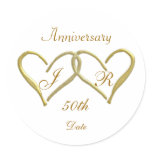 2 hearts Monogram Golden Wedding Anniversary Round Stickers