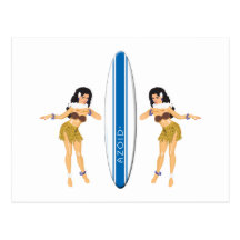 2 Hulas and Surf Board Postcard